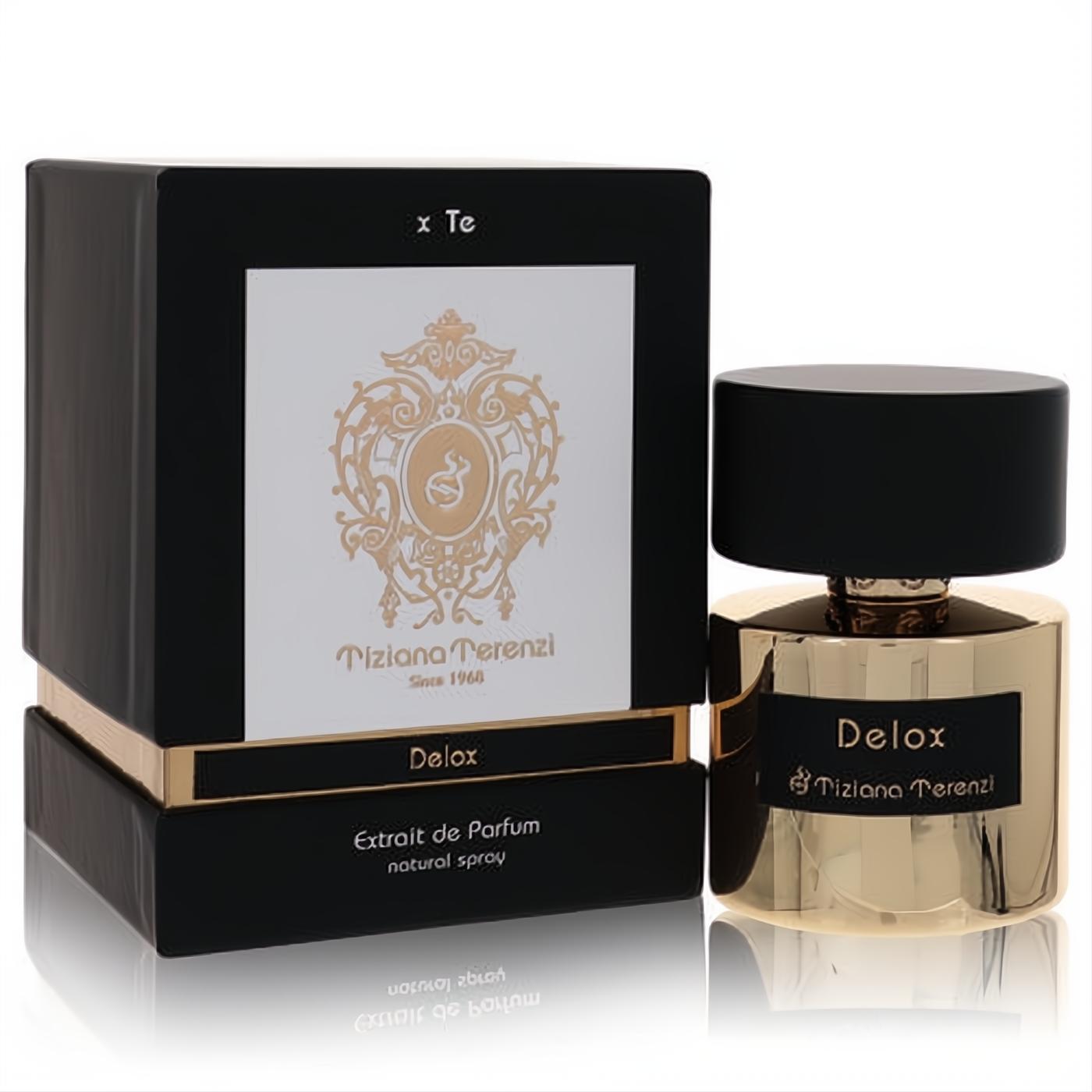 Luxurious Delox Tiziana Terenzi extrait de parfum. Radiant gold bottle with sleek black cap, presented with its elegant black and gold ornate box.