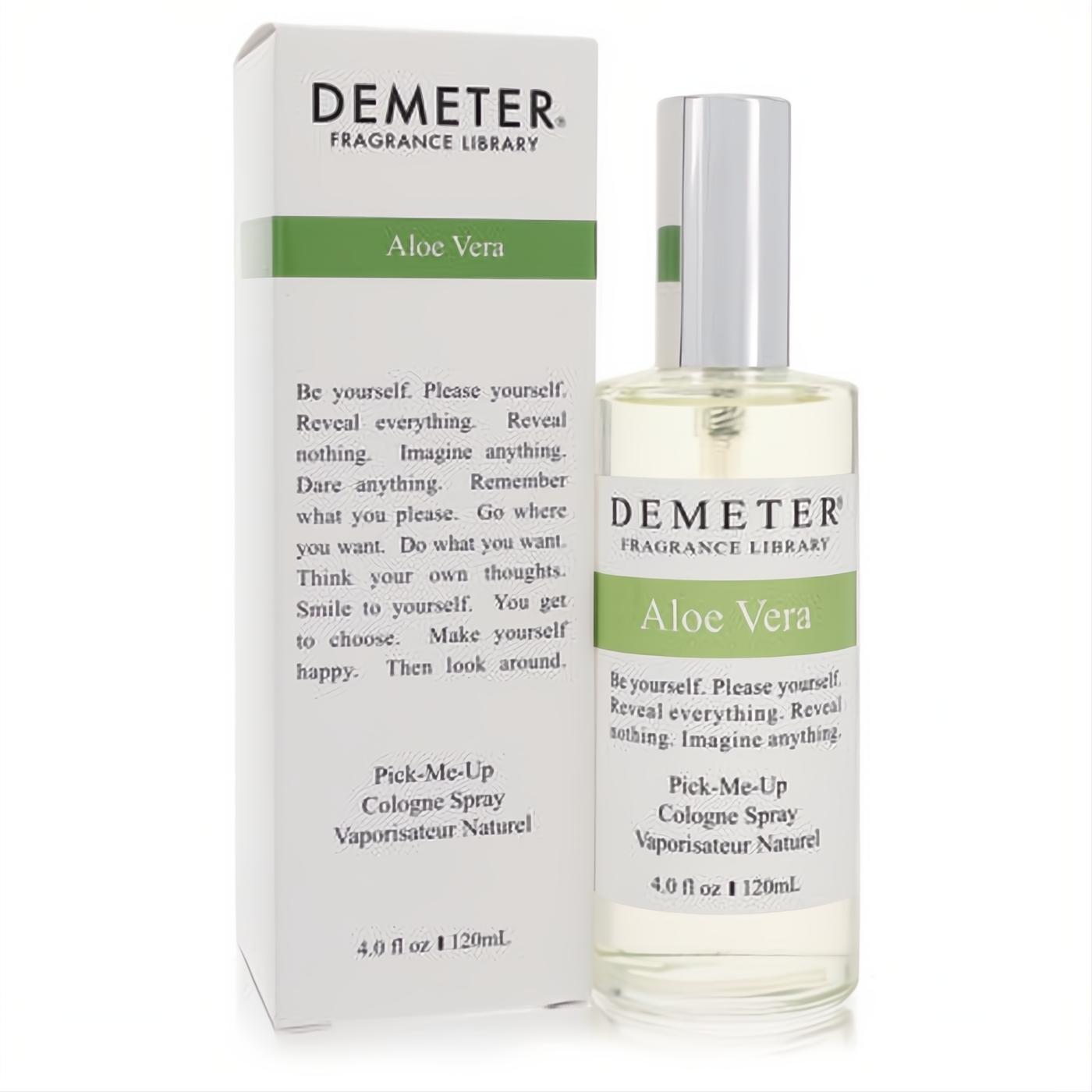 Refreshing Demeter Aloe Vera 4 oz cologne spray in a clear glass bottle with white and green label, next to its matching box.