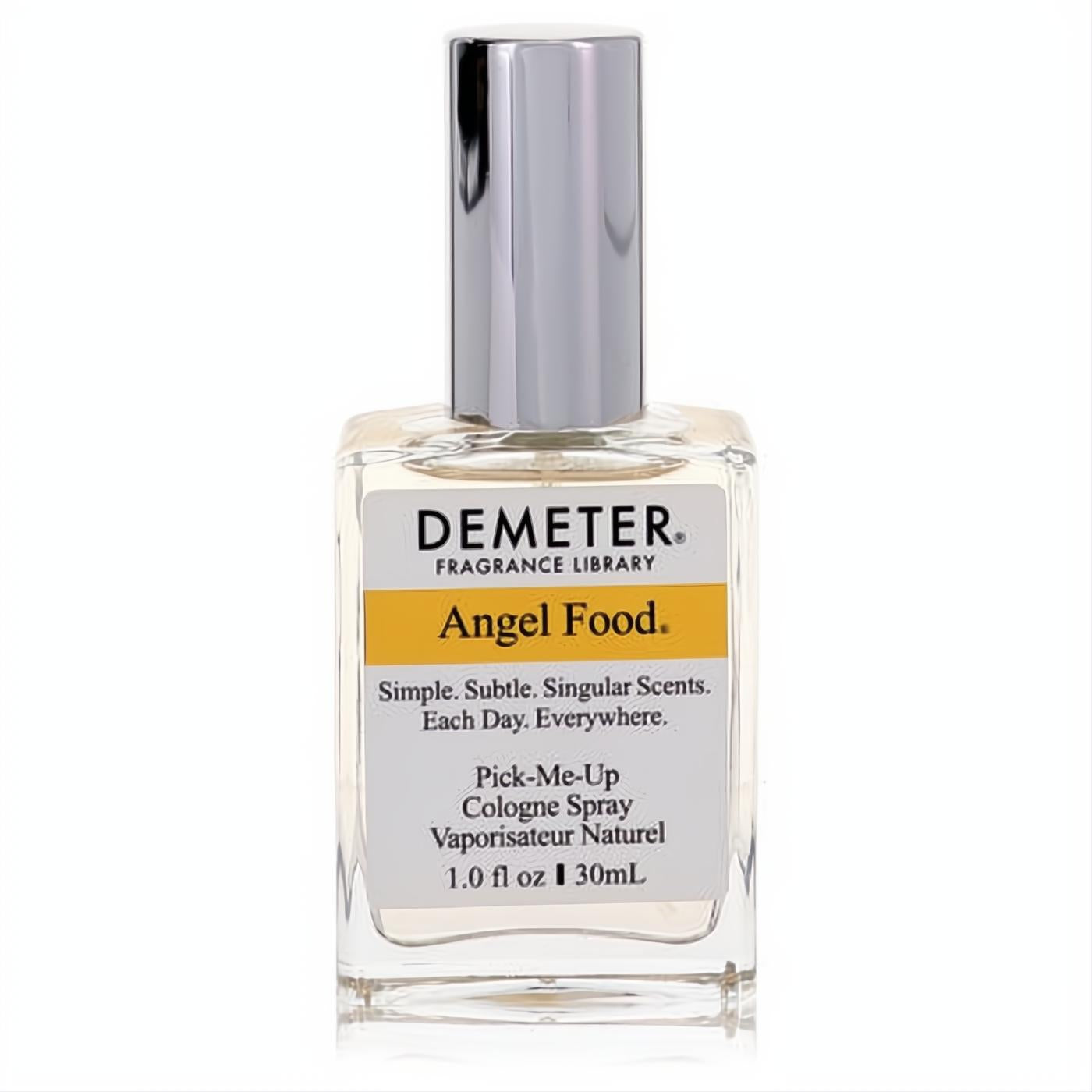 Demeter Angel Food 1 oz cologne spray in a clear glass bottle with a sleek silver cap and vibrant yellow label.
