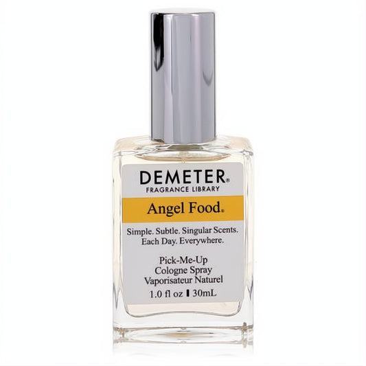 Demeter Angel Food 1 oz cologne spray in a clear glass bottle with a sleek silver cap and vibrant yellow label.