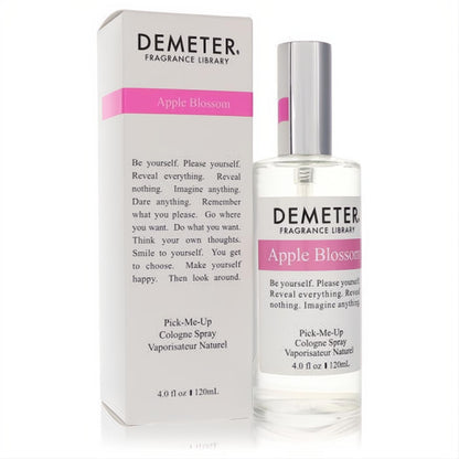 Demeter Apple Blossom 4 oz cologne spray: clear glass bottle, silver cap, and white box with vibrant pink label for a refreshing fragrance.