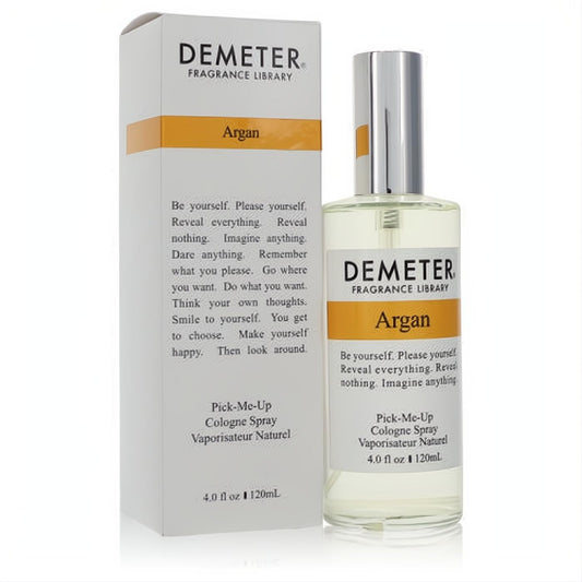 Demeter Argan 4 oz unisex cologne spray: clear glass bottle, silver cap, and stylish white box with orange accent.