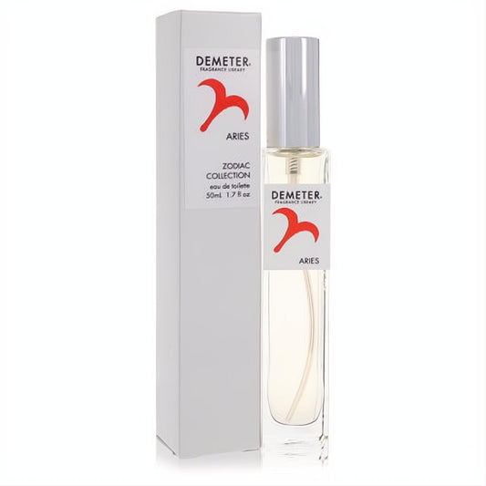 Demeter Aries 1.7 oz women's fragrance: clear glass spray bottle, silver cap, and white box with bold red zodiac symbol.