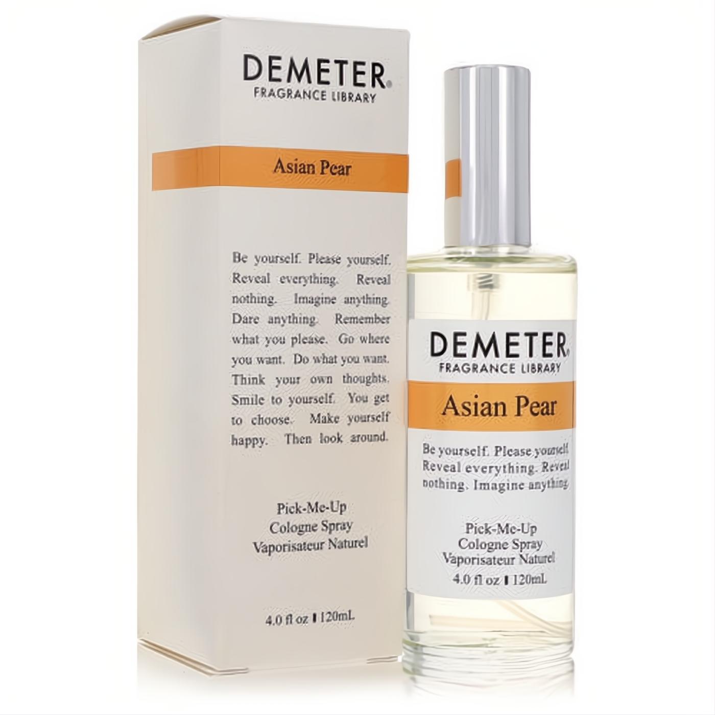Demeter Asian Pear 4 oz cologne spray and box, featuring a clear bottle with silver cap and white packaging.