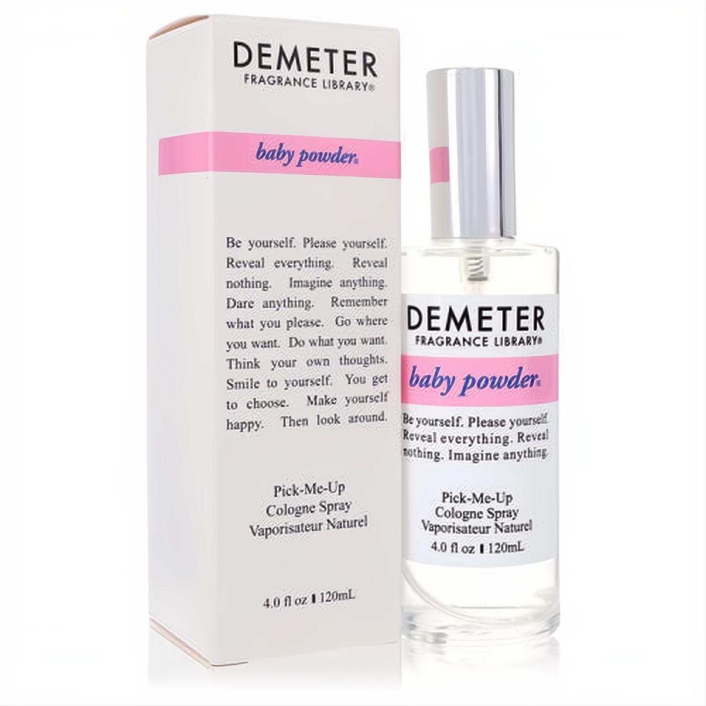 Demeter Baby Powder 4 oz cologne spray for women. Clear glass bottle with silver cap and elegant white box featuring pink accents.