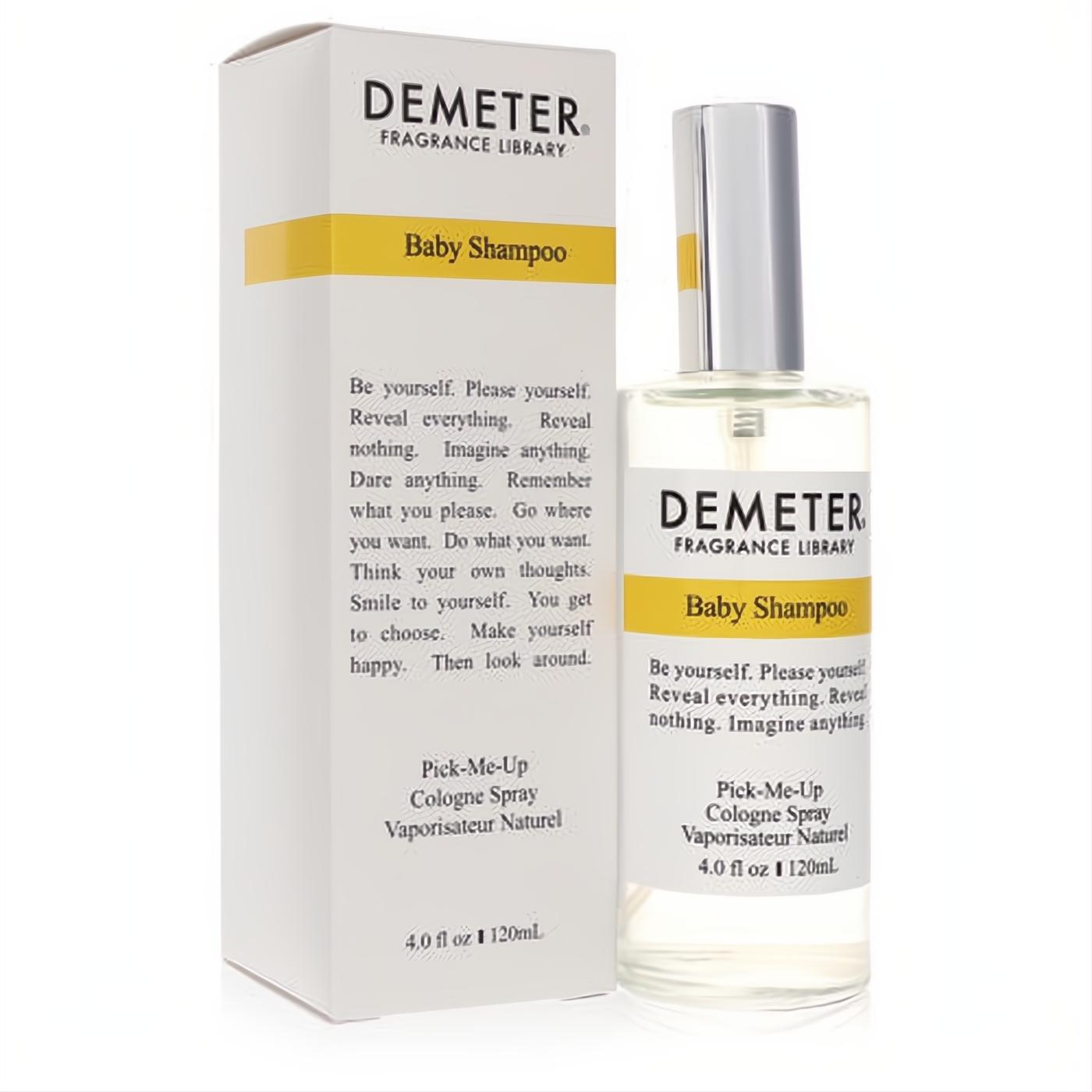Demeter Baby Shampoo 4 oz cologne spray: clear glass bottle with silver cap, next to its elegant white and yellow box.