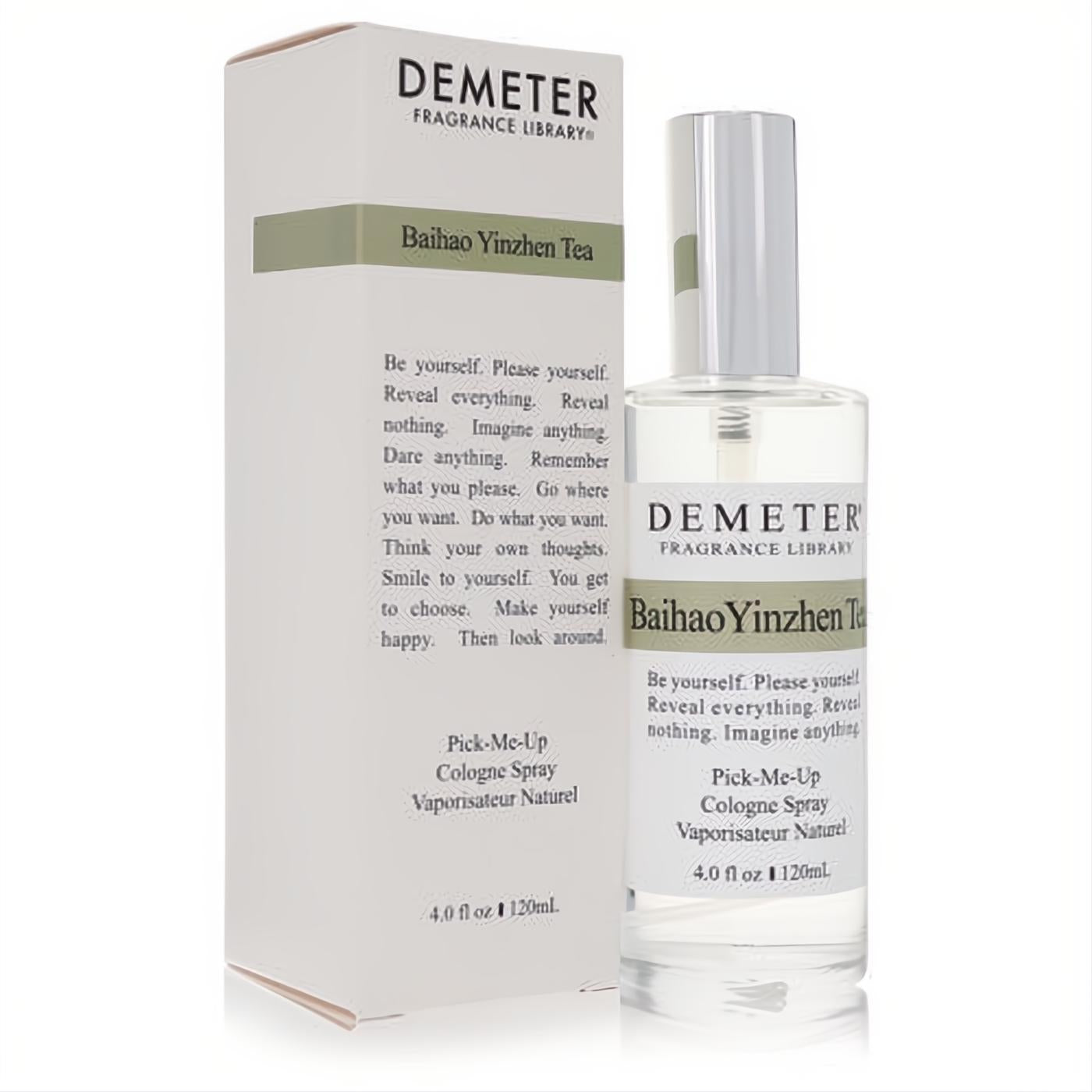 Demeter Baihao Yinzhen Tea 4 oz cologne spray. Clear glass bottle, silver cap, and white box with green tea accents. Fresh, distinctive fragrance.