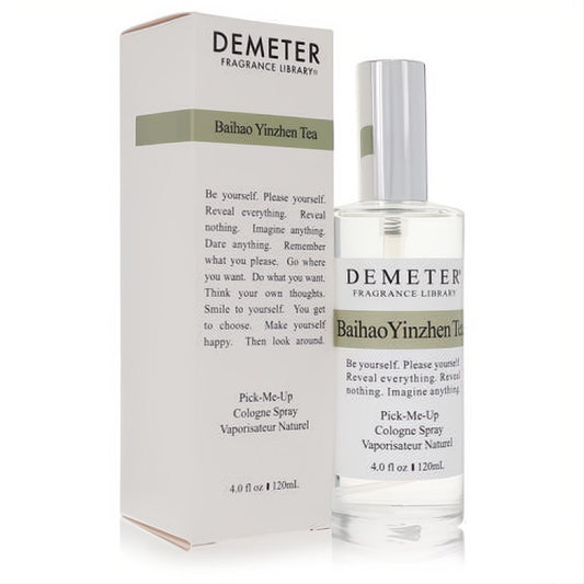 Demeter Baihao Yinzhen Tea 4 oz cologne spray. Clear glass bottle, silver cap, and white box with green tea accents. Fresh, distinctive fragrance.
