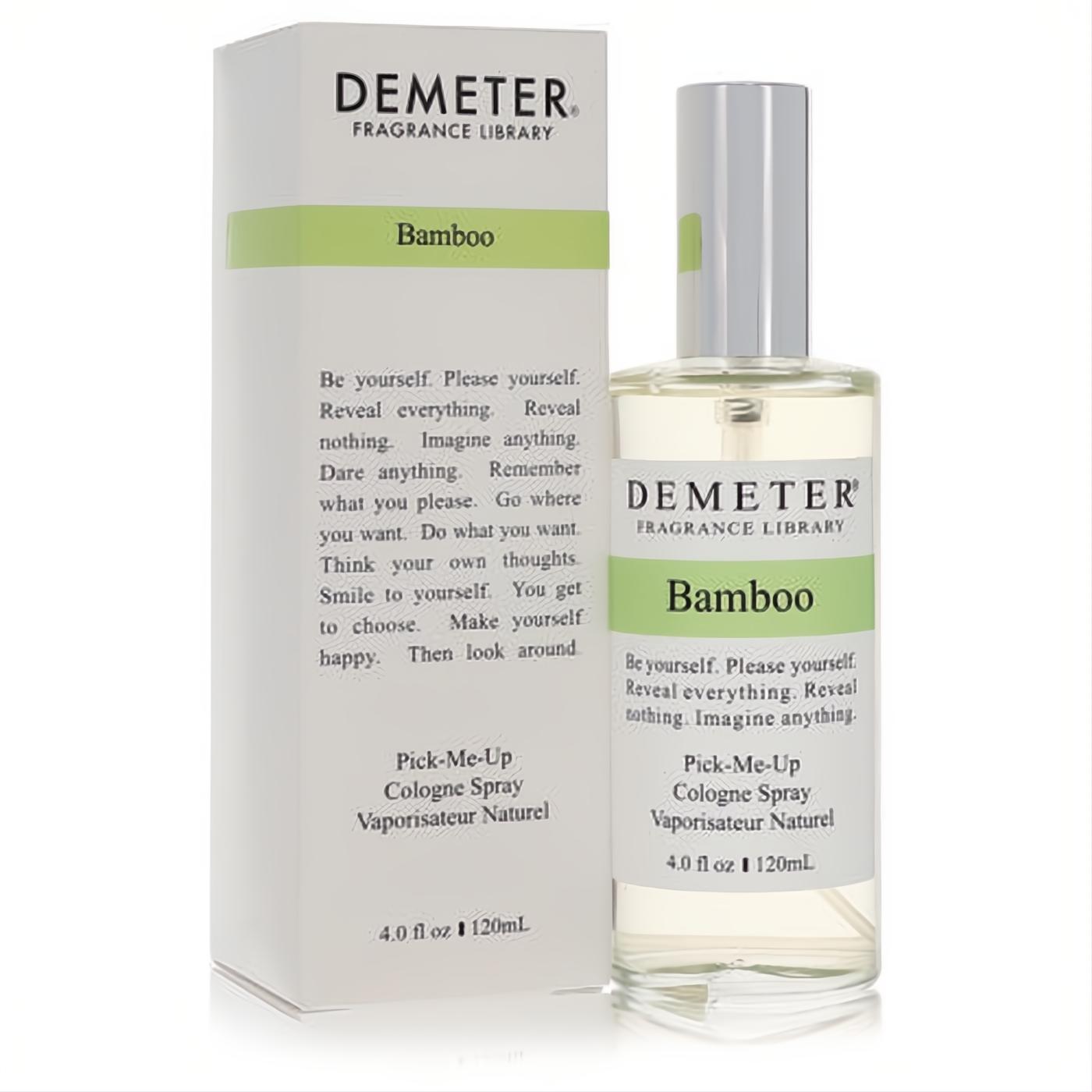 Demeter Bamboo 4 oz women's cologne spray. Elegant clear glass bottle with silver cap and crisp white box, vibrant green stripe.