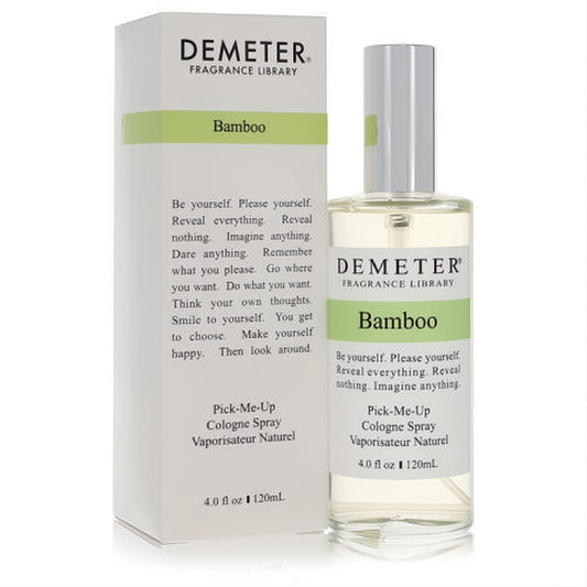 Demeter Bamboo 4 oz women's cologne spray. Elegant clear glass bottle with silver cap and crisp white box, vibrant green stripe.