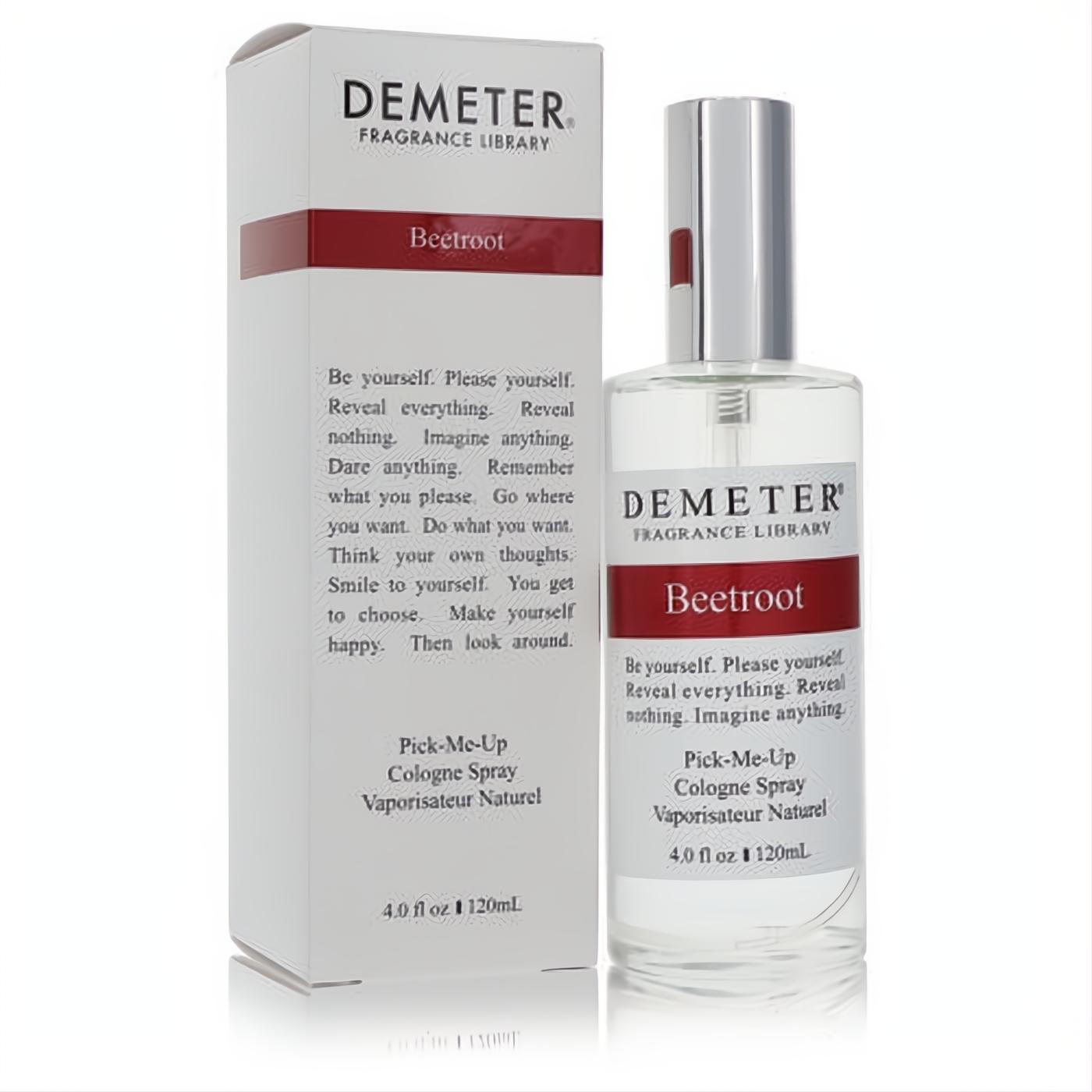 Demeter Beetroot 4 oz unisex cologne spray. Clear bottle, silver cap, white label with bold red band, and matching box. Fresh, earthy fragrance.