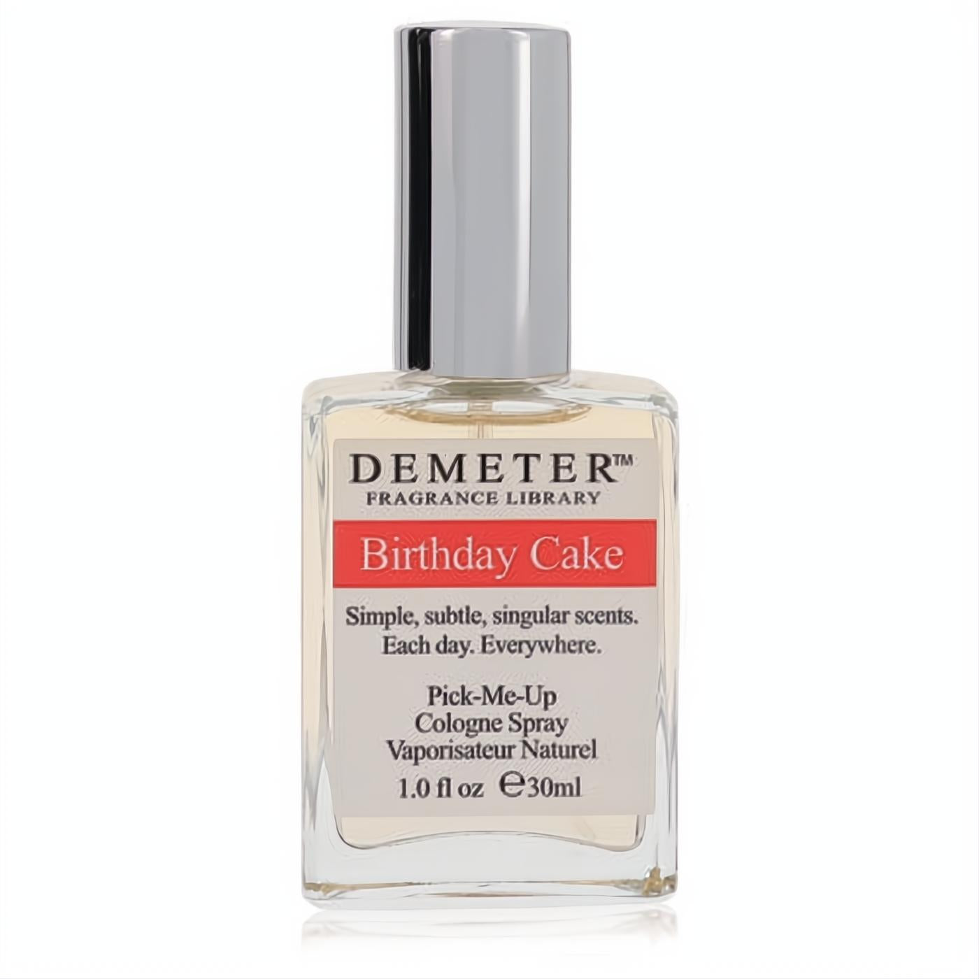 Demeter Birthday Cake 1 oz cologne spray. Clear glass bottle with sleek silver cap and bold red label.