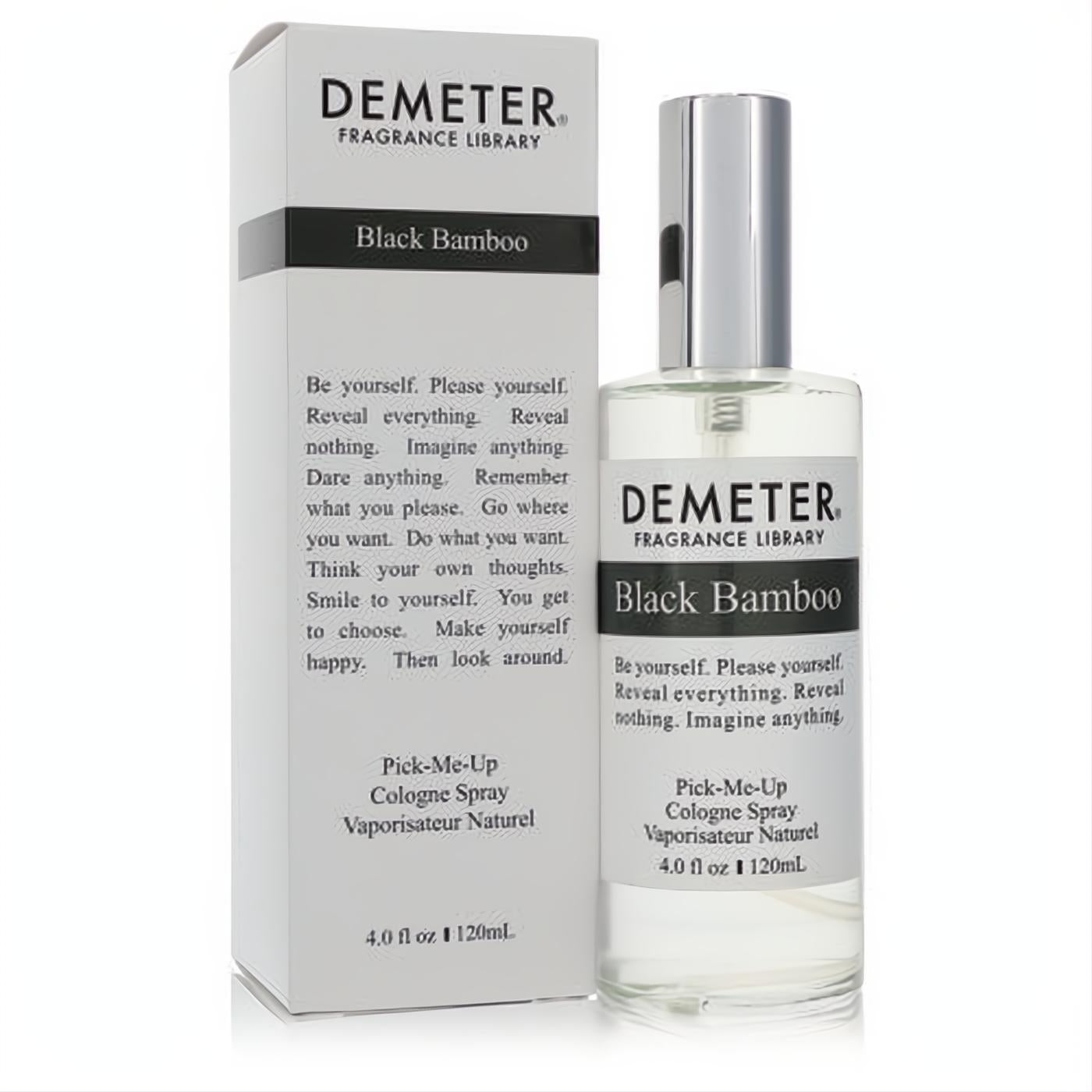 Demeter Black Bamboo 4 oz unisex cologne spray: clear glass bottle with sleek silver cap, next to its crisp white box.