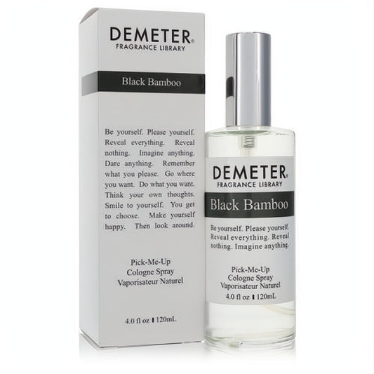 Demeter Black Bamboo 4 oz unisex cologne spray: clear glass bottle with sleek silver cap, next to its crisp white box.