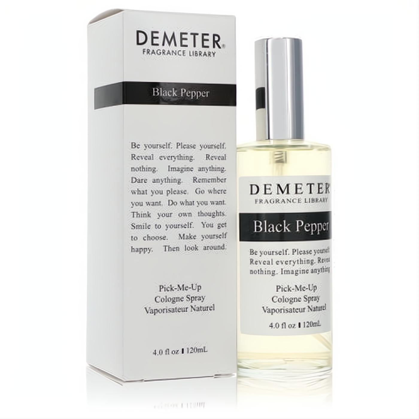 Sophisticated Demeter Black Pepper 4 oz cologne spray. Clear glass bottle with sleek silver cap, presented with its crisp white box.