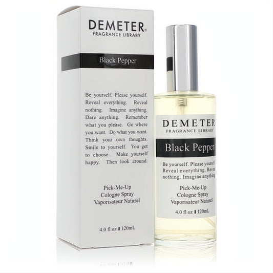 Sophisticated Demeter Black Pepper 4 oz cologne spray. Clear glass bottle with sleek silver cap, presented with its crisp white box.