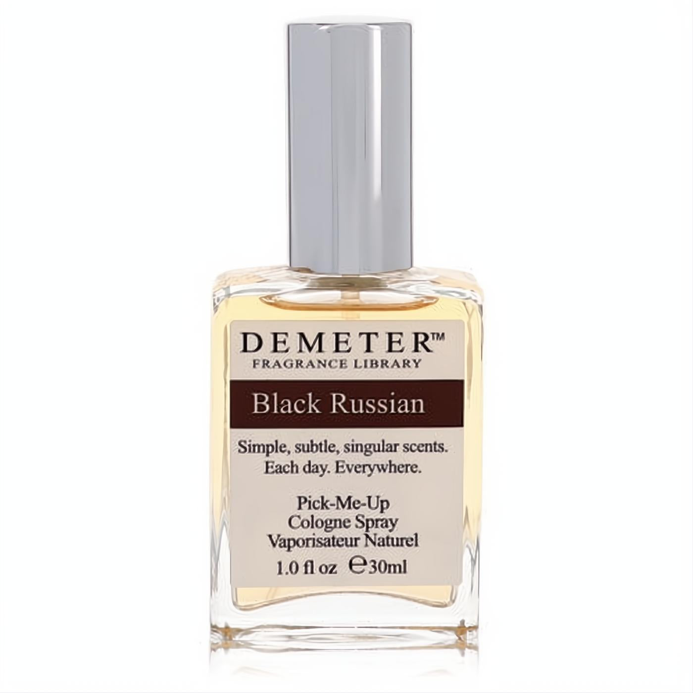 Demeter Black Russian 1 oz cologne spray. Sophisticated clear glass bottle, silver cap, and rich golden amber fragrance.