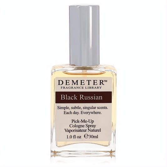 Demeter Black Russian 1 oz cologne spray. Sophisticated clear glass bottle, silver cap, and rich golden amber fragrance.