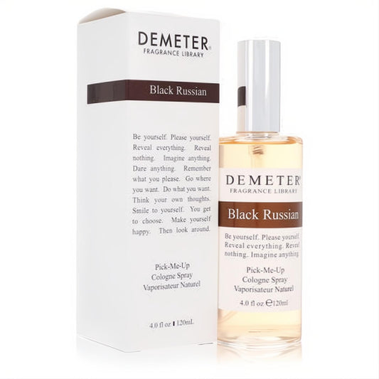 Sophisticated Demeter Black Russian 4 oz cologne spray, a clear bottle with golden liquid, next to its elegant white branded box.