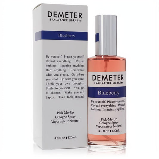 Demeter Blueberry 4 oz cologne spray, clear bottle with refreshing peach liquid, silver cap, and elegant white box with blue label.