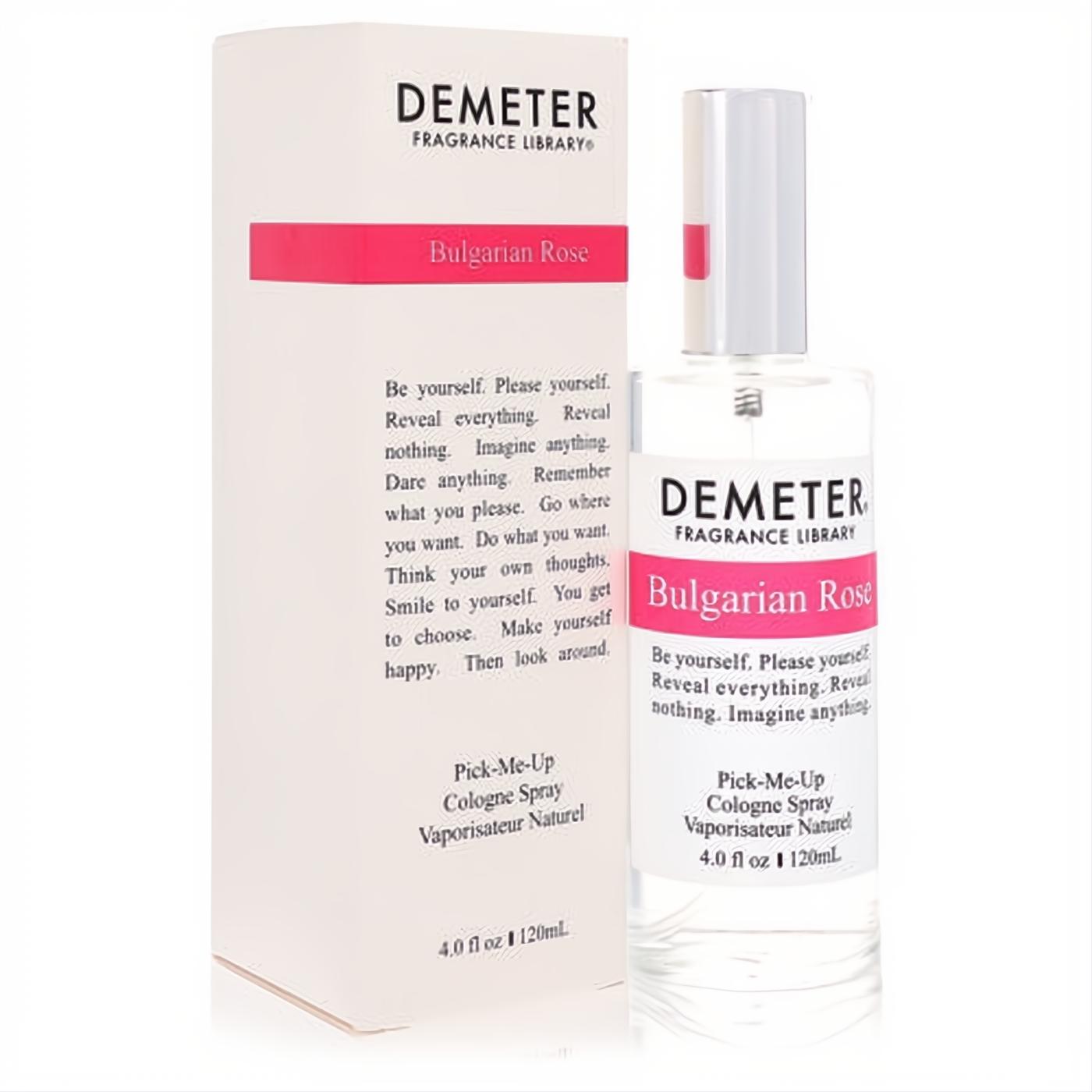 Demeter Bulgarian Rose 4 oz cologne spray. Clear glass bottle, silver cap, and elegant white box with a vibrant pink "Bulgarian Rose" label.