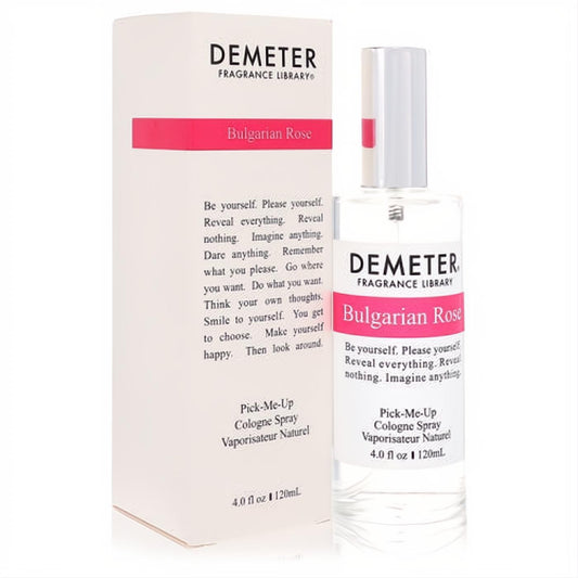 Demeter Bulgarian Rose 4 oz cologne spray. Clear glass bottle, silver cap, and elegant white box with a vibrant pink "Bulgarian Rose" label.