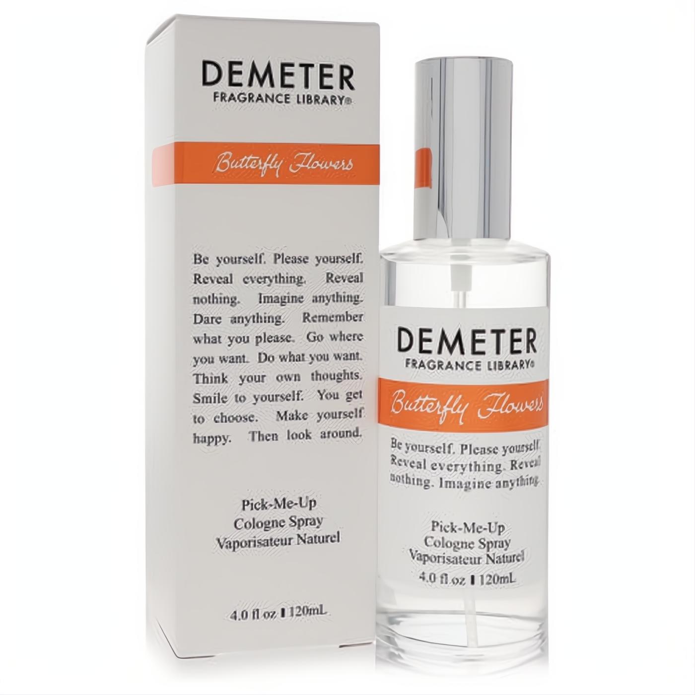 Demeter Butterfly Flowers 4 oz cologne spray. Clear glass bottle with silver cap and white box, featuring vibrant orange branding.