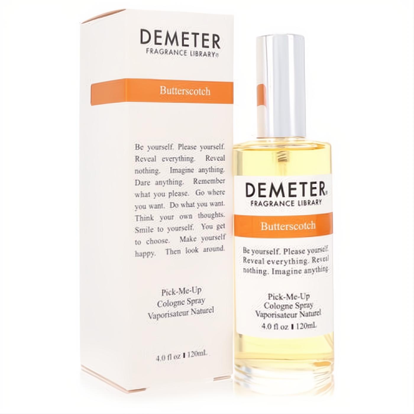 Demeter Butterscotch 4 oz cologne spray. Elegant clear glass bottle with golden liquid, silver cap, and vibrant orange label.