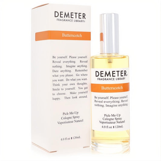 Demeter Butterscotch 4 oz cologne spray. Elegant clear glass bottle with golden liquid, silver cap, and vibrant orange label.