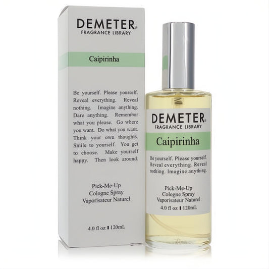 Demeter Caipirinha 4 oz unisex cologne spray: clear glass bottle with yellow liquid, silver cap, and white box with green accents.