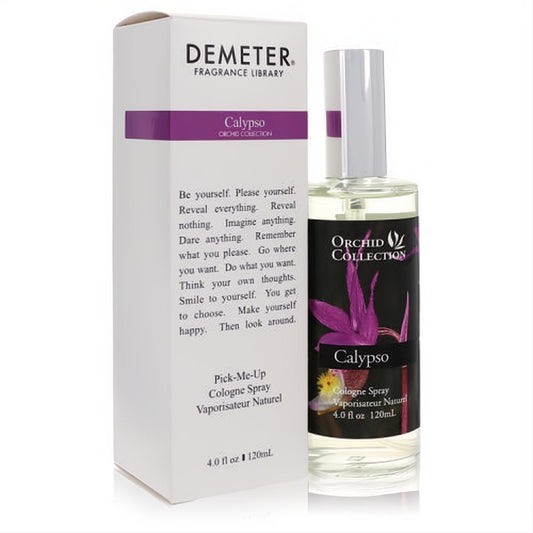 Demeter Calypso Orchid 4 oz cologne spray bottle with a striking purple orchid label, presented next to its elegant white and purple box.