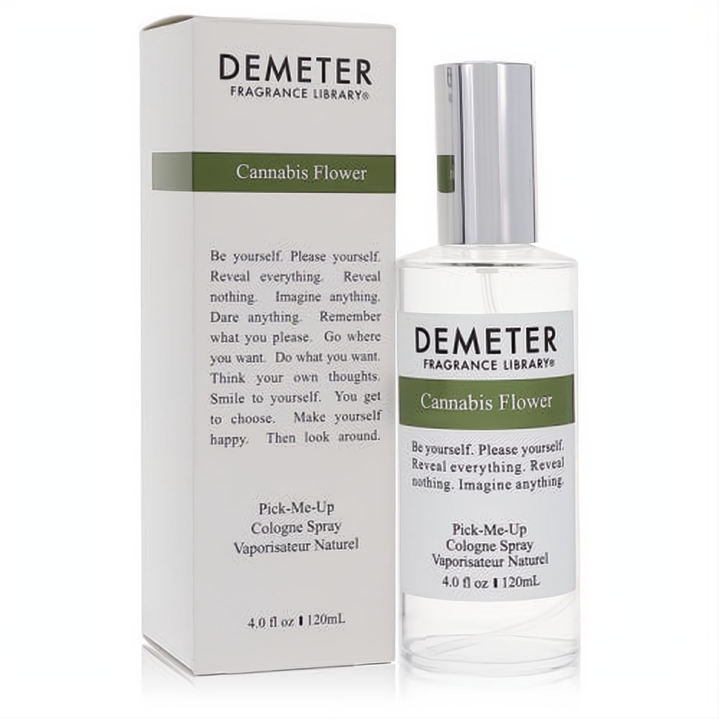 Demeter Cannabis Flower 4 oz cologne spray: sleek clear bottle with silver cap, presented with its elegant white box and green accents.