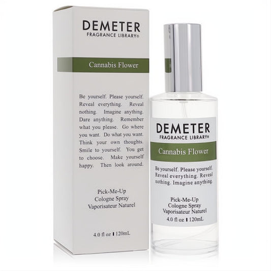 Demeter Cannabis Flower 4 oz cologne spray: sleek clear bottle with silver cap, presented with its elegant white box and green accents.