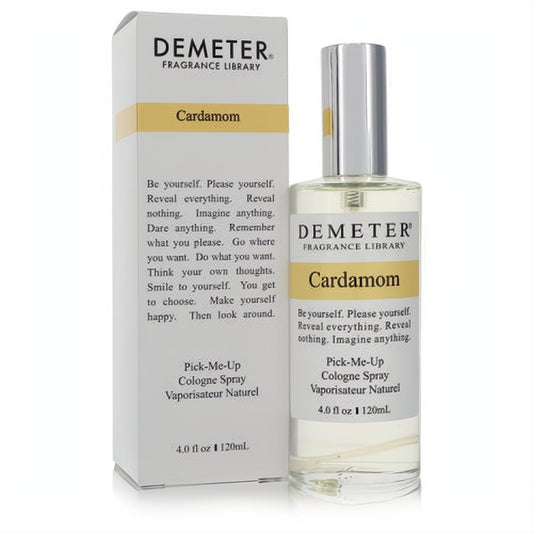 Demeter Cardamom 4 oz unisex cologne spray. Clear glass bottle with sleek silver cap and matching white box, accented with warm gold.