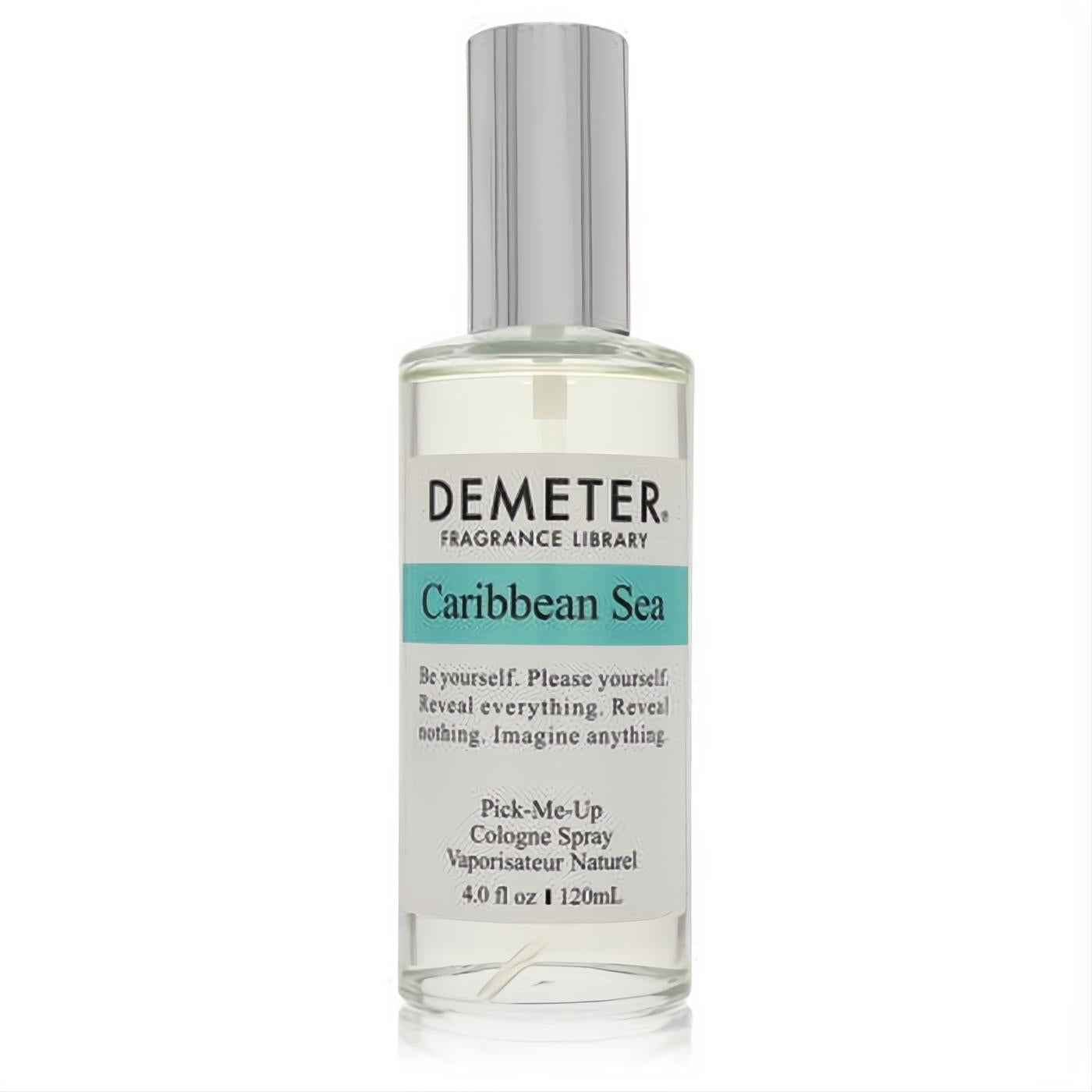 Demeter Caribbean Sea 4 oz cologne spray in a clear glass bottle with a sleek silver cap and refreshing teal label.