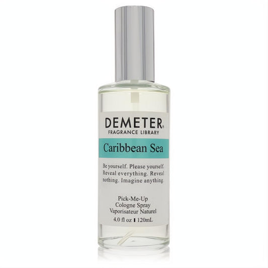 Demeter Caribbean Sea 4 oz cologne spray in a clear glass bottle with a sleek silver cap and refreshing teal label.