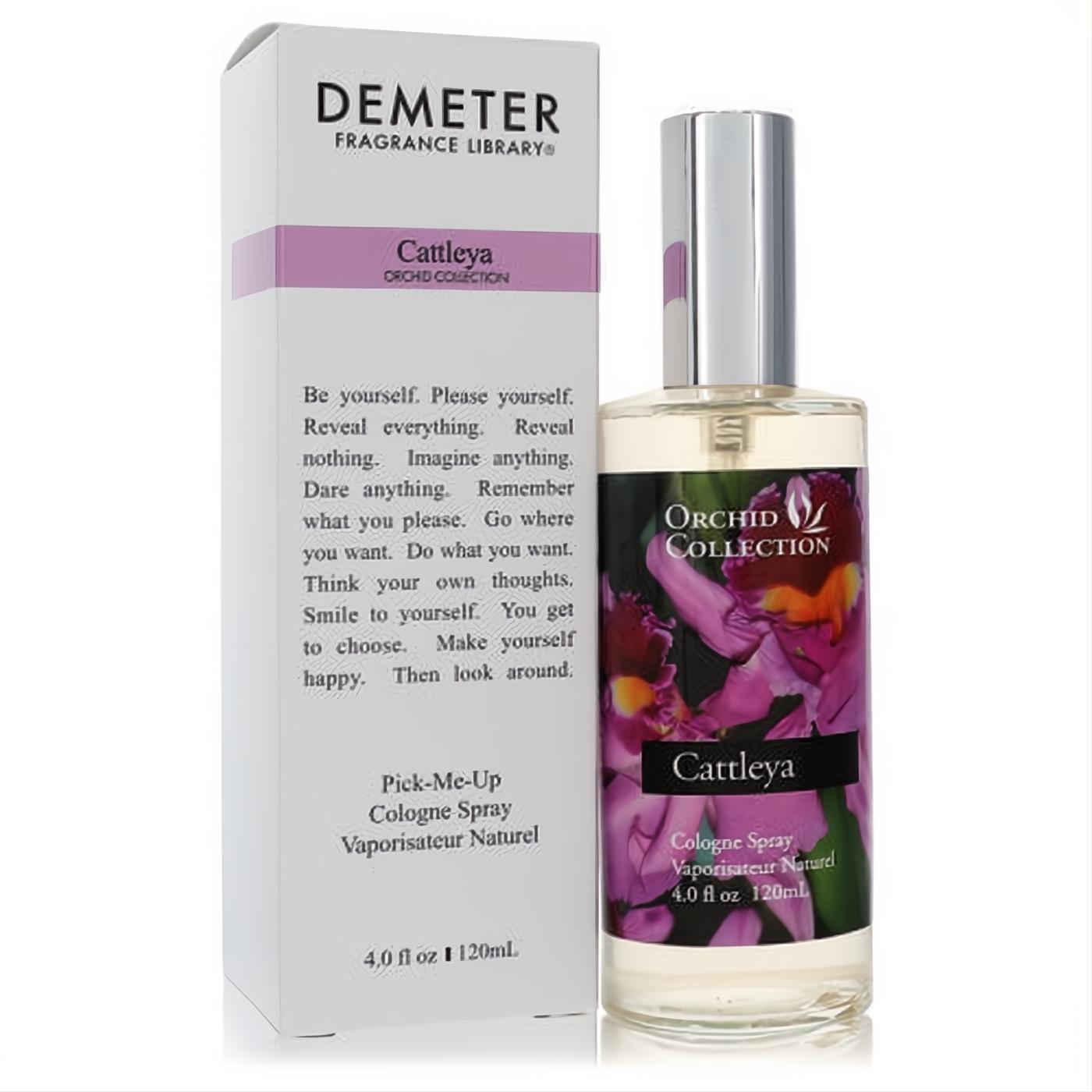 Elegant Demeter Cattleya Orchid 4 oz cologne spray, clear glass bottle with a stunning purple orchid label, next to its white box.