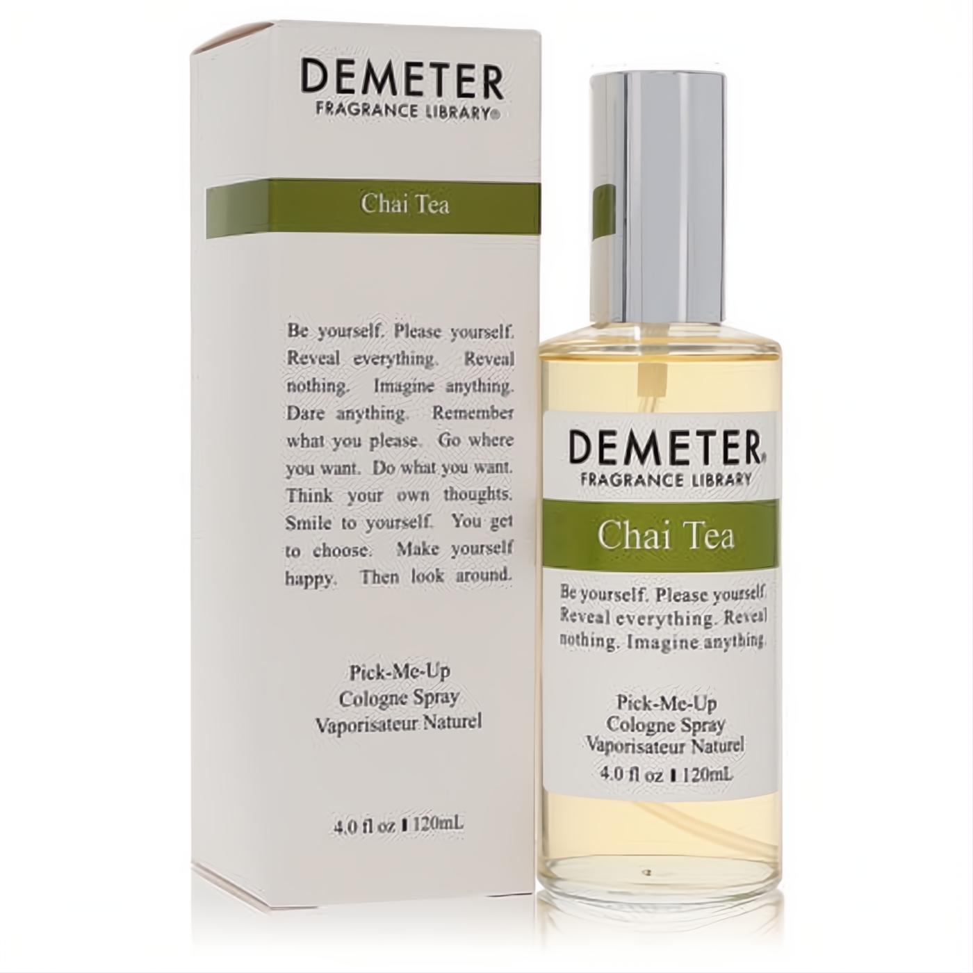 Demeter Chai Tea 4 oz cologne spray. Clear bottle with warm amber liquid, silver cap, and white label with green Chai Tea band. Matching white box.