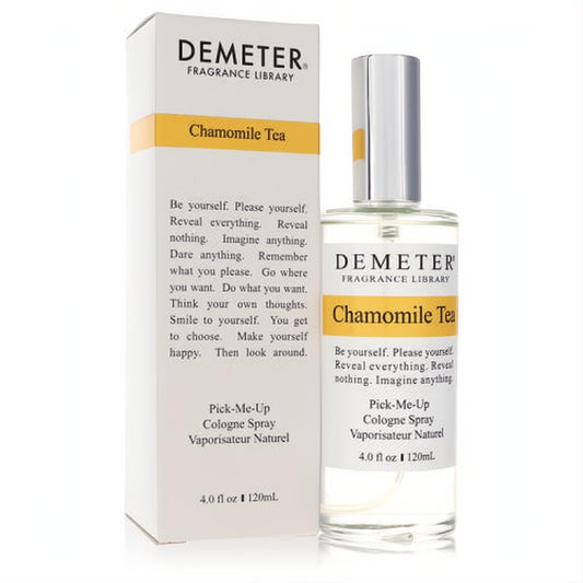 Discover Demeter Chamomile Tea 4 oz cologne spray. Clear glass bottle, sleek silver cap, and elegant white box with yellow band.