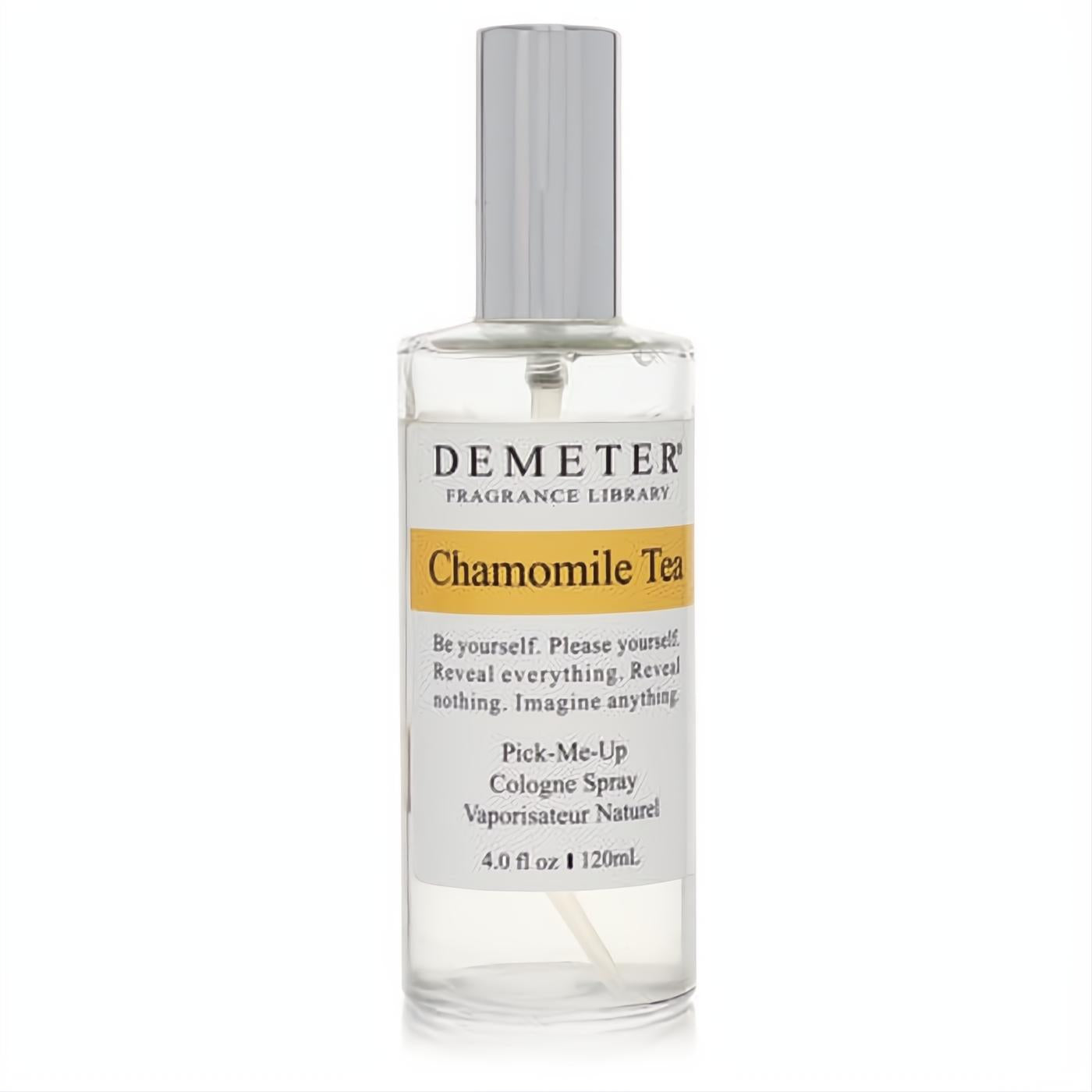 Invigorating Demeter Chamomile Tea 4 oz cologne spray. Clear glass bottle, sleek silver cap, and signature yellow label.
