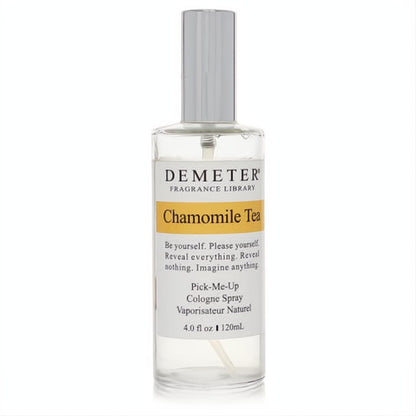 Invigorating Demeter Chamomile Tea 4 oz cologne spray. Clear glass bottle, sleek silver cap, and signature yellow label.