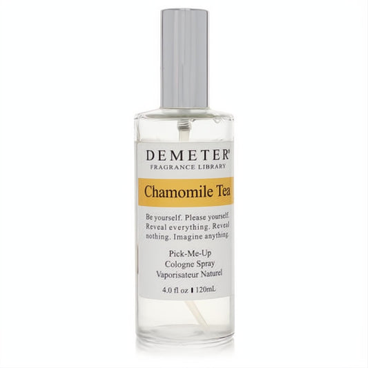 Invigorating Demeter Chamomile Tea 4 oz cologne spray. Clear glass bottle, sleek silver cap, and signature yellow label.