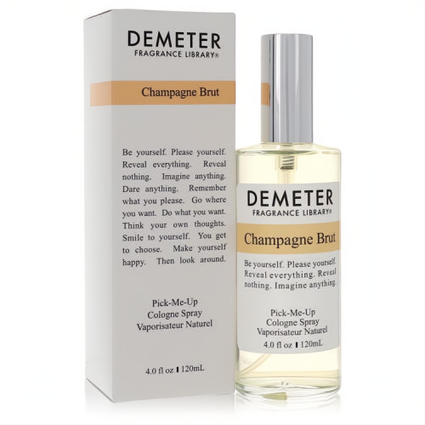 Demeter Champagne Brut 4 oz cologne spray. Clear glass bottle with a sleek silver cap and elegant white box packaging.