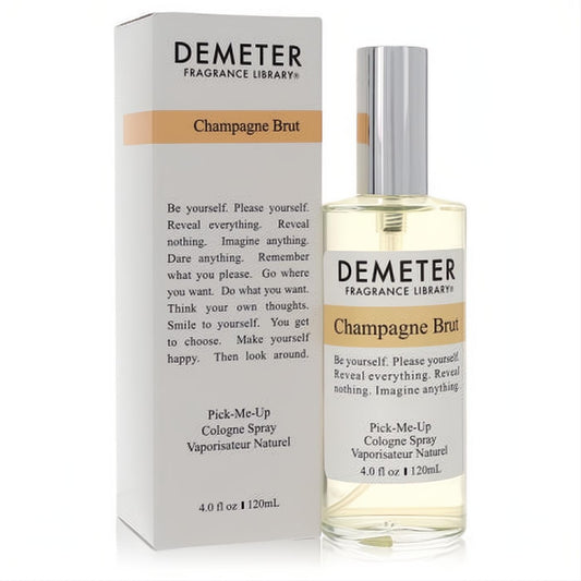 Demeter Champagne Brut 4 oz cologne spray. Clear glass bottle with a sleek silver cap and elegant white box packaging.