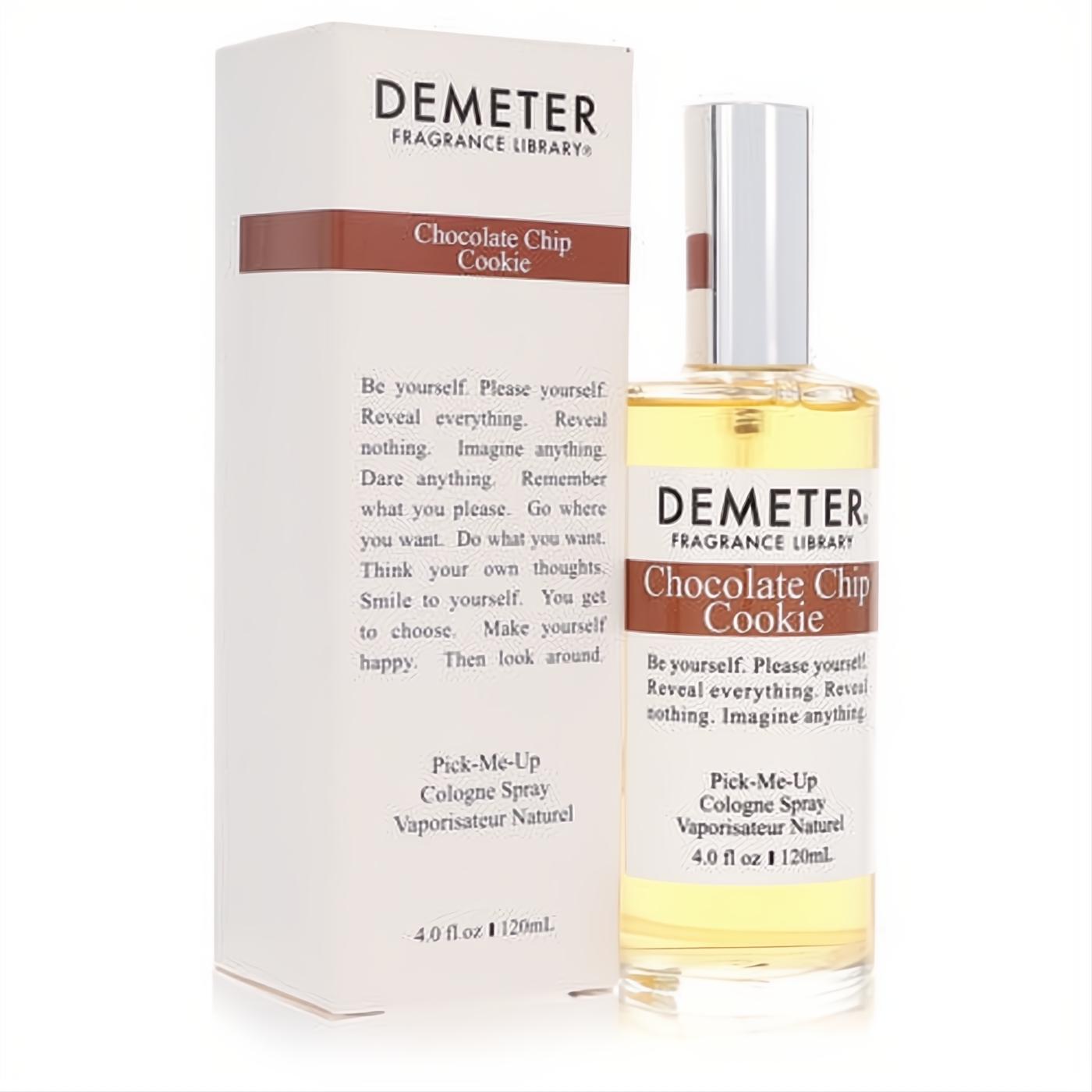 Experience Demeter Chocolate Chip Cookie 4 oz cologne spray. White box, clear bottle with warm yellow fragrance, sleek silver cap.