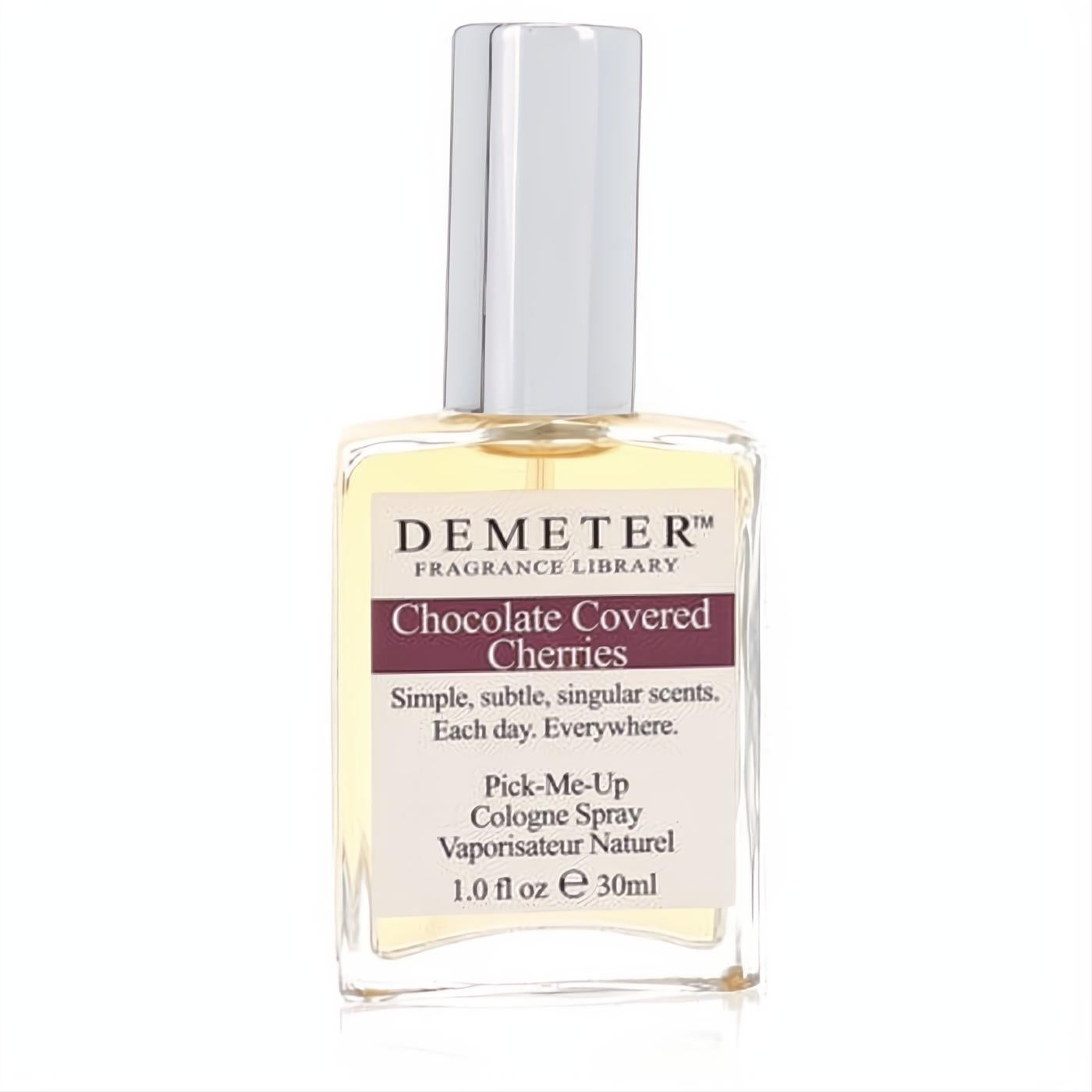 Demeter Chocolate Covered Cherries 1 oz cologne spray. Clear glass bottle, silver cap, and cream label with rich burgundy.