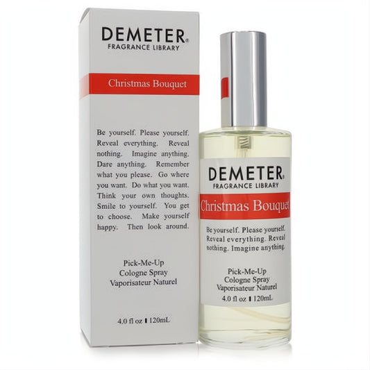 Demeter Christmas Bouquet 4 oz cologne spray. Clear glass bottle with sleek silver cap and festive white box with red branding.