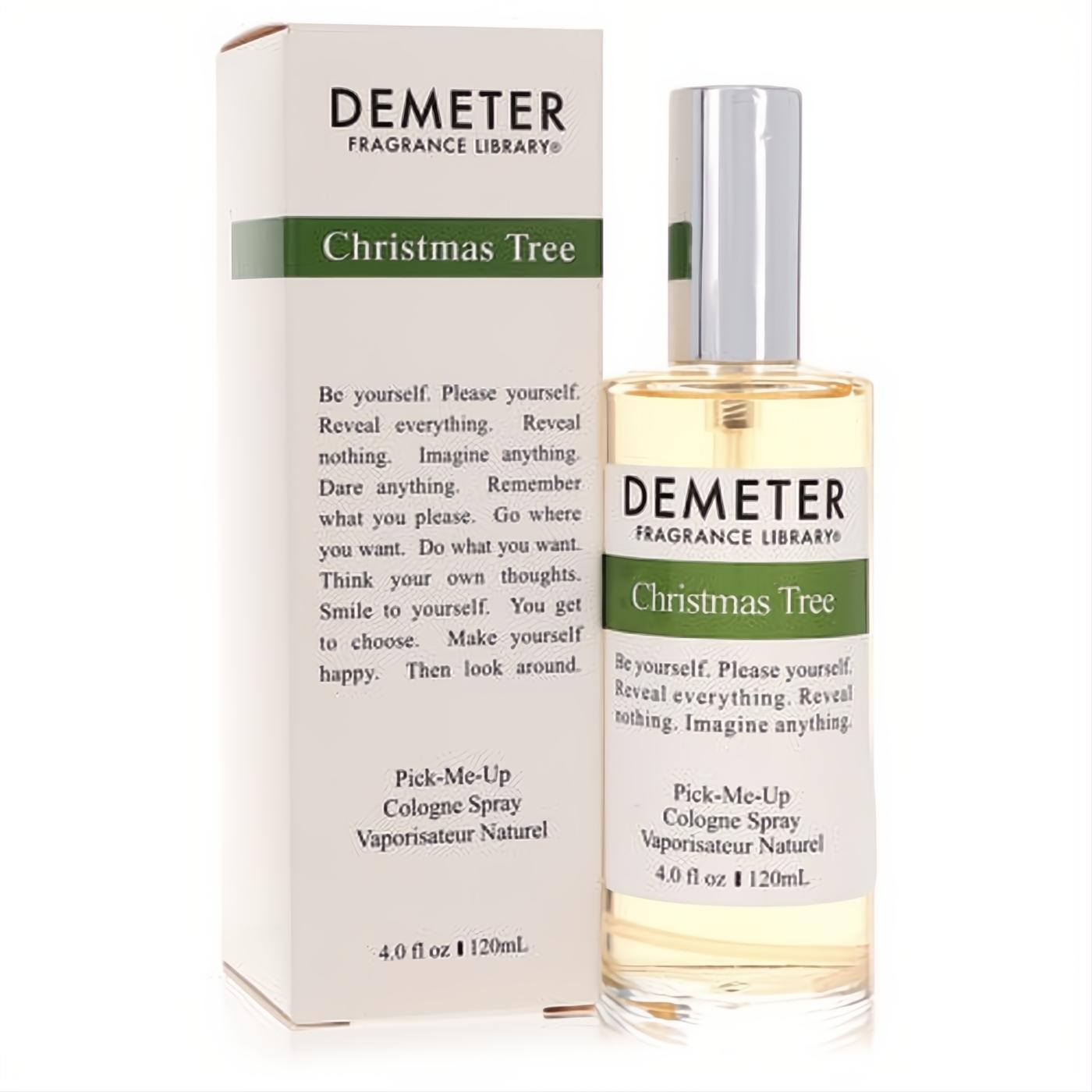 Experience the holidays with Demeter Christmas Tree 4 oz cologne. Clear glass spray bottle, silver cap, and elegant white & green box.