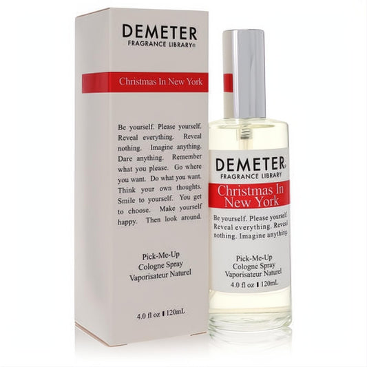 Demeter Christmas in New York 4 oz cologne spray: clear glass bottle, silver cap, white label, and festive red-accented box.