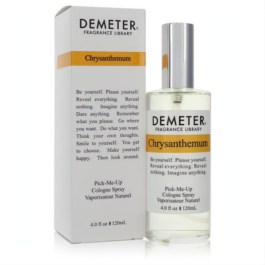 Demeter Chrysanthemum 4 oz cologne spray. Elegant clear glass bottle with silver cap, white label, and vibrant orange band.